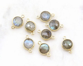 1 pc 9mm Tiny Faceted Round Labradorite Gemstone Coin Connector Gold Plated Sterling Silver Bezel Gemstone Pendant Gold Small Stone 2 loops