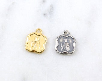 Tiny Square Virgin Mother Mary Charm Religious Miraculous Medal Two Sided Pendant Decorative Edge Vermeil Gold Oxidized Sterling Silver