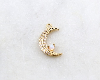 CZ Crescent Moon with Opal Accent Charm Gold Charm Pendant, Gold Plated Gold CZ Charm Pendant, Cubic Zirconia, Star Jewelry, Moon Jewelry