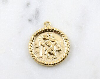 Saint Christopher Miraculous Medal - 15mm Coin, Patron Saint Charm, Gold Plated Gold Charm Pendant, Religious Medallion, Catholic Jewelry