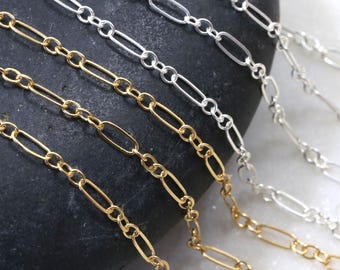 3x5mm Delicate Flat Oval Elongated Round 3+1 Long and Short Chain 14K Gold Filled,  Sterling Silver Bulk Wholesale Chain by the Foot