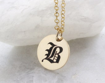 Personalized Old English Initial Charm Necklace Engraved Gothic Letter Font Gold Filled, Sterling Silver Initial Charm, Thick 20 Gauge Coin
