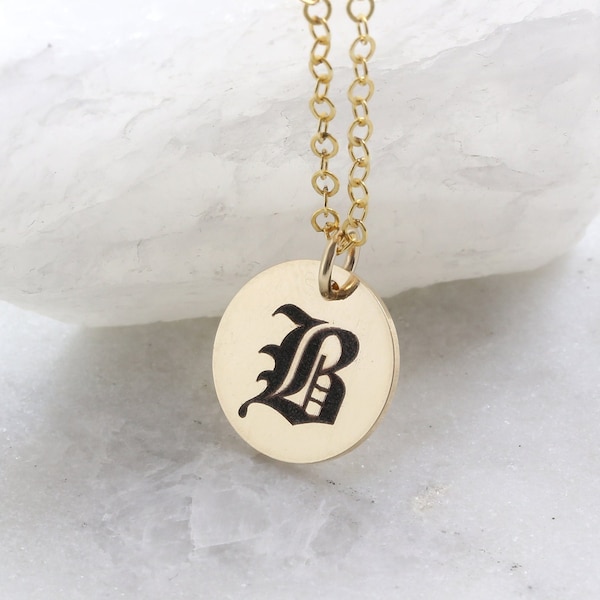 Personalized Old English Initial Charm Necklace Engraved Gothic Letter Font Gold Filled, Sterling Silver Initial Charm, Thick 20 Gauge Coin