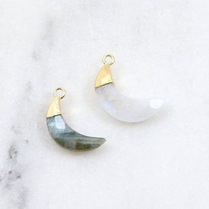 Faceted Crescent Moon Gemstone Charm Labradorite Moonstone Aquamarine Drop Gold Vermeil Bezel Gemstone Pendant Gold Rim Edge Stone image 2