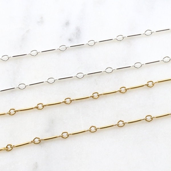 14K Gold Filled Chain 1x8mm Bar Tube Chain Dainty Minimal Unfinished Chain for Permanent Jewelry, Sterling Silver Chain Sold by the Foot
