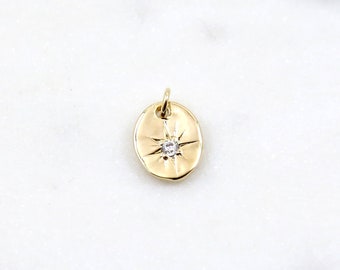 Shiny Oval CZ North Star Coin Star Charm Gold Plated Gold CZ Drop Charm Pendant, Celestial Jewelry, Pointed Star Pendant 11mm x 9mm