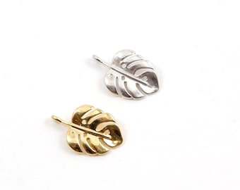 Tiny Tropical Monstera Leaf Plant Charm Sliding Pendant Sterling Silver, 18k Gold Plated Sterling Leaf, Nature Charm, Small Leaf Charm