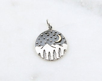 Sterling Silver Pine Tree Forest Bronze Crescent Moon Mountain Round Circle Disc Charm Star Nature Lover Hiker Outdoors Charm