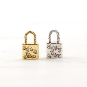 CZ Moon Star Padlock Lock Charm, Shiny Gold, Shiny Silver Thick 3D Lock Best Friend Charm Bracelet, Cubic Zirconia Lock Pendant