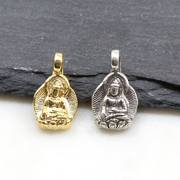 Thick Buddha Charm Yoga Meditation Pendant, Sterling Silver, 18K gold plated sterling Namaste Jewelry Religious Spiritual Amulet Charm