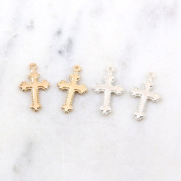 2 Pieces - 14K Gold Filled Sterling Silver Dotted Fleur De Lis Edge Cross Crucifix Pendant Religious Charm, Minimal Dainty Delicate Cross