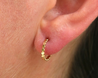 1 Pair Small Hammered Beaded 14K Gold Filled Endless Hoop Post Earrings 3/4 Gold Hoops, Earring Wires Earring Hook Component Thick Hoop Post