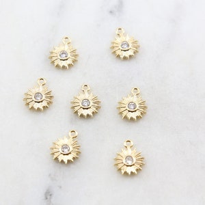 1 pc Tiny Round CZ Starburst Sun Charm, Sun Star Pendant - Round Circle Gold Plated Gold Drop Charm Pendant, Celestial Sun, Cubic Zirconia