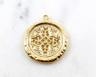 Filagree Cross Charm 20mm - Gold Plated Gold Charm Pendant, Dainty Cross Charm, Vintage Coin Jewelry, Large Disc, Gold Crucifix Medallion