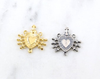 Sacred Heart Rosary 3 Way Link Connector Sterling Silver, Vermeil Religious Charm Cross Pendant Catholic Jewelry Coin Ancient Medallion