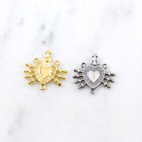 Sacred Heart Rosary 3 Way Link Connector Sterling Silver, Vermeil Religious Charm Cross Pendant Catholic Jewelry Coin Ancient Medallion