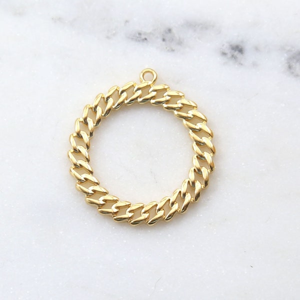 Large Gold Curb Chain Round Open Circle Coin Charm Unique Necklace Pendant, 24k Gold Plated, Modern Minimal DIY Jewelry Drop 28mm x 31mm