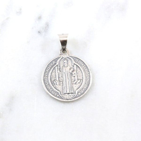 Sterling Silver San Benito Saint Benedict Cross Coin Medallion Large Charm - 20.5mm Rosary Religious Charm Layering Necklace Charm