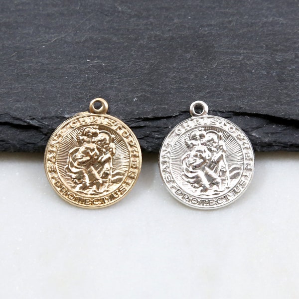 Round Saint Christopher Charm Coin Pendant, Gold Filled Saint Charm, Sterling Catholic Religious St. Christopher Medallion Charm