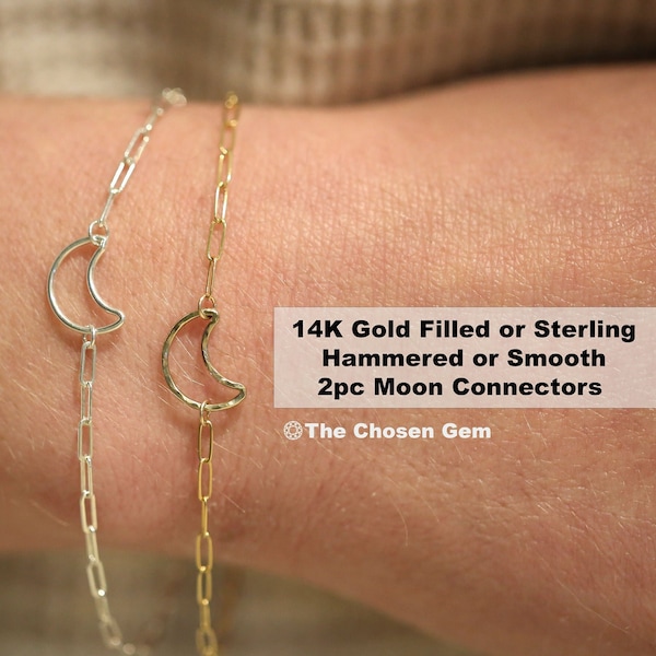 2 pcs Moon Connector Ring Charm Permanent Jewelry Bracelet Connector Delicate Textured Hammered Sterling Silver, 14K Gold Filled 9mm x 12mm