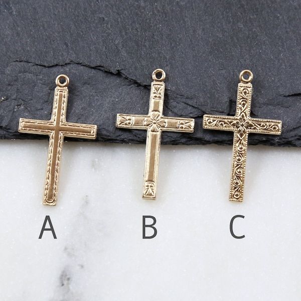 Choose your 14K Gold Filled Cross Detailed Large Statement Ornate Cross Charm 25mm Crucifix, Floral Flower Religious Catholic Pendant