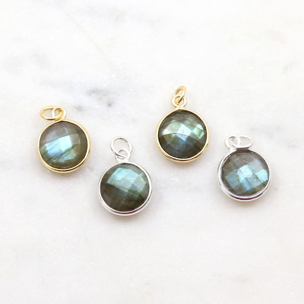 1 Pc Small Faceted 11mm Round Labradorite Gemstone Charm Circle Gold Plated, Sterling Silver Bezel Gemstone Pendant Gold Rim Edge Tiny Stone