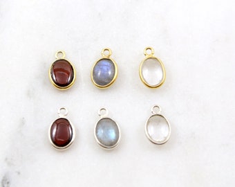 Tiny Smooth Oval Gemstone Charm Gold Plated, Sterling Silver Bezel Gemstone Pendant Gold Rim Edge Small Stone, Labradorite, Garnet, Quartz