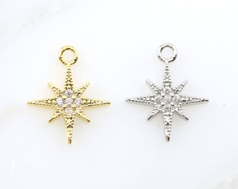Tiny CZ 8 Point Star Cubic Zirconia Small Starburst North Star Pendant - Gold Plated CZ Drop Charm Pendant, Celestial Jewelry, Pointed Star