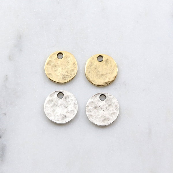 2 Pcs Small Organic Flat Hammered Pewter Disc Coin Charm, Antique Gold, Antique Silver, 13mm Disc Medallion Round Stamping Disc Blank Tag