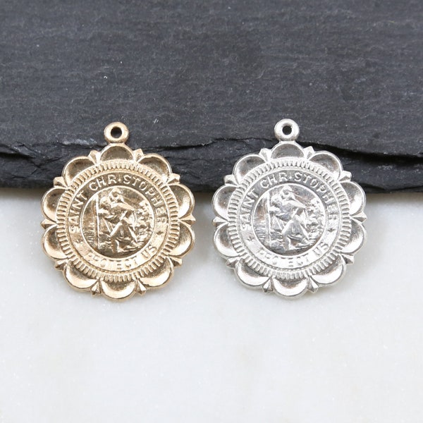 Saint Christopher Medallion Scalloped Edge Gold Filled or Sterling Silver 22mm - Religious Charm, Catholic Pendant, Saint Charm