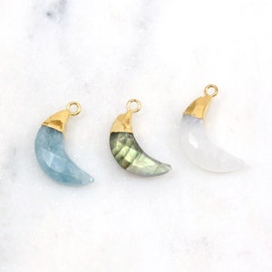 Faceted Crescent Moon Gemstone Charm Labradorite Moonstone Aquamarine Drop Gold Vermeil Bezel Gemstone Pendant Gold Rim Edge Stone image 1