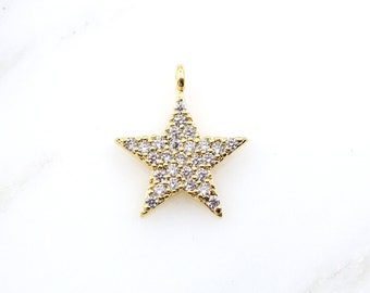 Shiny CZ Gold Classic Star Charm - Sideways Loop Gold Plated CZ Drop Charm Pendant, Celestial Jewelry, Pointed Star Pendant  13mm x 11mm