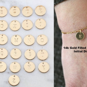 Custom Stamped Initial Charm 10mm Disc Coin Medallion Gold Filled, Sterling Silver 20 Gauge Pendant with Ring Personalized Letter Charm Drop