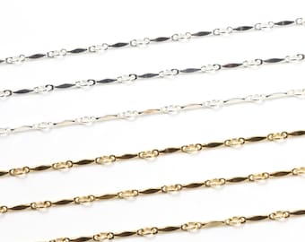 14K Gold Filled or Sterling Silver Marquise Chain 1.25mm x 8mm Flat Link Bar Tube Permanent Jewelry Chain Sold by Foot Bulk Wholesale Chain