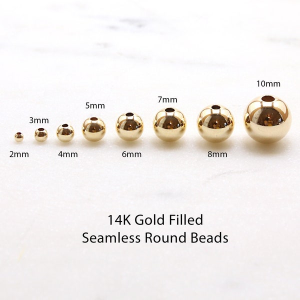 14K Gold Filled Round Seamless Spacer Beads, Necklace Beads, 2mm, 3mm, 4mm, 5mm, 7mm, 8mm, 10mm Small to Large Gold Bead