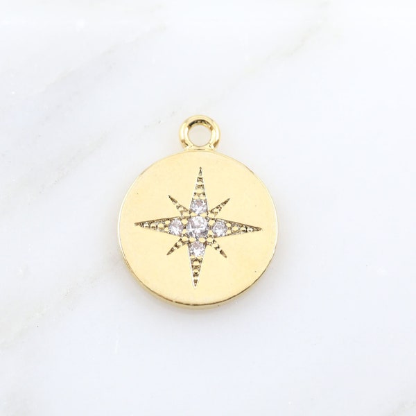 CZ North Star Charm - 12mm Charm, Round Circle Gold Plated Gold Drop Charm Pendant, Celestial Jewelry, Star Coin, Star Disc, Gold Coin