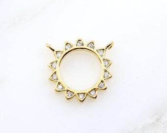 Tiny CZ Starburst Sun Charm Connector, 2 loop Sun Star Pendant - Round Circle Gold Plated Gold Drop Charm Pendant, Celestial Sun Jewelry