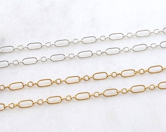 3x5mm Delicate Elongated Round 3+1 Long and Short Chain Rectangle Chain 14K Gold Filled Chain, Sterling Silver Chain Bulk Chain by the Foot