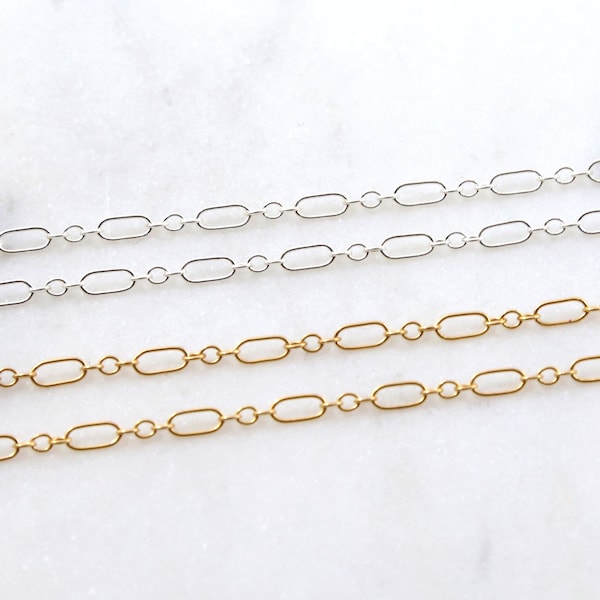 3x5mm Delicate Elongated Round 3+1 Long and Short Chain Rectangle Chain 14K Gold Filled Chain, Sterling Silver Chain Bulk Chain by the Foot