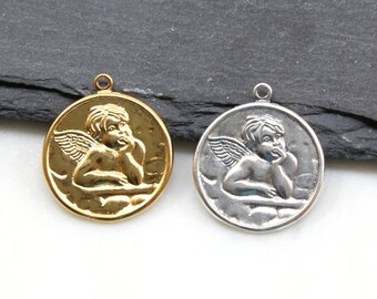 Large Pondering Angel Lightweight Coin Medallion Disc Charm Vermeil Gold or Oxidized Sterling Silver