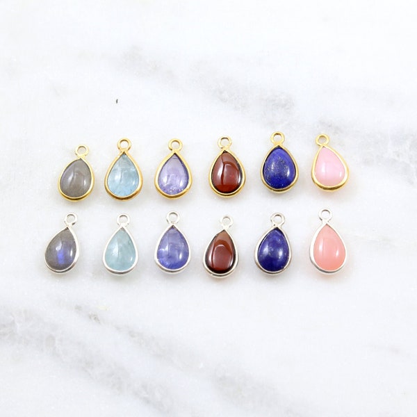 Tiny Smooth Gemstone Teardrop Charm Sterling Silver, Gold Bezel Stone, Lapis, Labradorite, Opal, Tanzanite, Labradorite, Garnet, Aqua