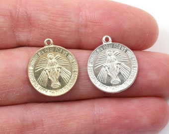 Virgin Mother Mary Round Circle Medallion 15mm x 17mm Gold Filled or Sterling Silver Religious Charm, Catholic Pendant, Miraculous Medal