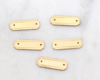 14K Gold Filled Rectangle Pretty Etched Bar Stamping Blank Connector, 2 Holes Gold Stamping Charm, Medical Bracelet Bar, Gold Name Plate Tag