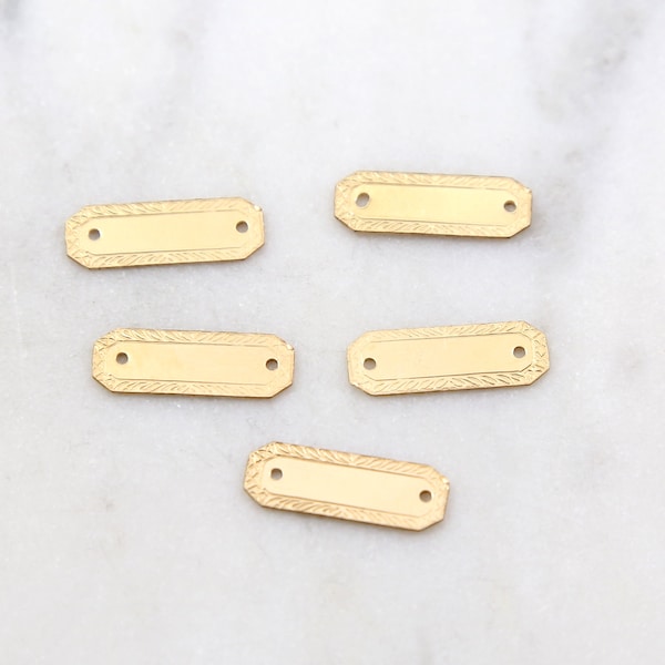 14K Gold Filled Rectangle Pretty Etched Bar Stamping Blank Connector, 2 Holes Gold Stamping Charm, Medical Bracelet Bar, Gold Name Plate Tag