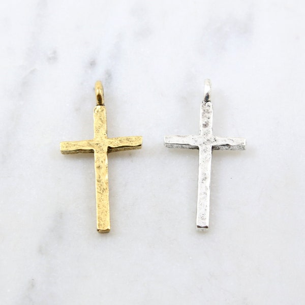 Hammered Organic Gold Pewter Cross, Antique Gold Cross, Large Cross Charm Religious Jewelry, Crucifix Charm, Catholic Charm, Base Metal