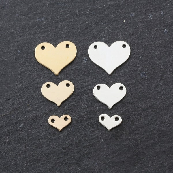 Two Hole Heart Connector Charm Flat Stamping Blank Pendant 14K Gold Filled Sterling Silver Top Hole for Necklaces Permanent Jewelry Link 24G