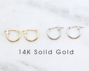 1 Pair Dainty Small Latch Click 14K SOLID Gold Endless Hoop Earrings Gold Hoops, 12mm, Tube Hoop, Earring Wires Earring  | Gold Huggie Hoop