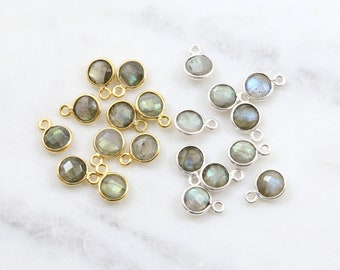 2 Pcs 6mm Tiny Faceted Round Labradorite Gemstone Charm Circle Gold Plated, Sterling Silver Bezel Gemstone Pendant Gold Rim Edge Small Stone