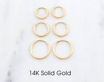 1 Pair Thick Huggie Hinge Hoops 14K SOLID Gold Endless Hoop Earrings Gold Hoops, 10mm, 12mm, 15mm, Earring Wire Hook Component, Fine Jewelry
