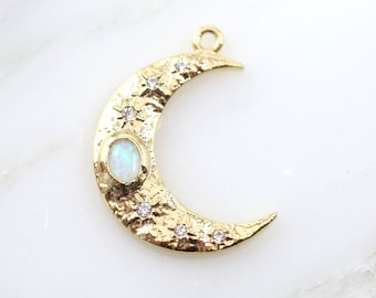 Oval Opal Crescent Moon Tiny CZ Star Charm Gold Charm Pendant, Gold Plated Gold CZ Charm Pendant, Cubic Zirconia, Star Jewelry, Moon Jewelry
